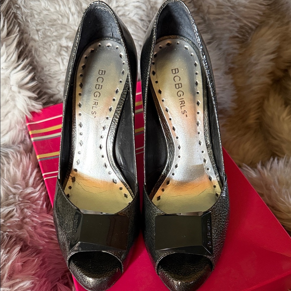 BCBGirls Shimmering Black Peep Toe Heels